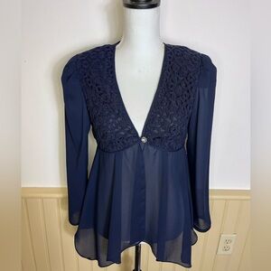 Cache Vintage Sheer Crochet Lace Top Navy Long Sleeve Romantic Womens Sz 6